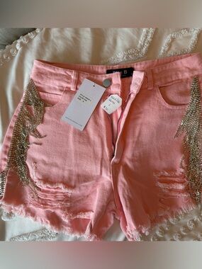 Embellished Pink Denim Jean Shorts with Crystal Fringe